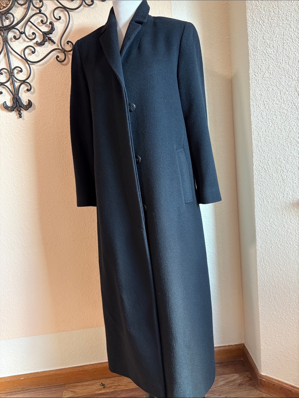 Fleurette Loro Piana in Italy (60% cashmere) Black Long Trench Coat Sz 6